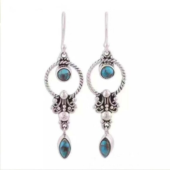 2/$24 Boho Vintage Festival Brushed Silver Turquoise Earrings - Picture 3 of 5